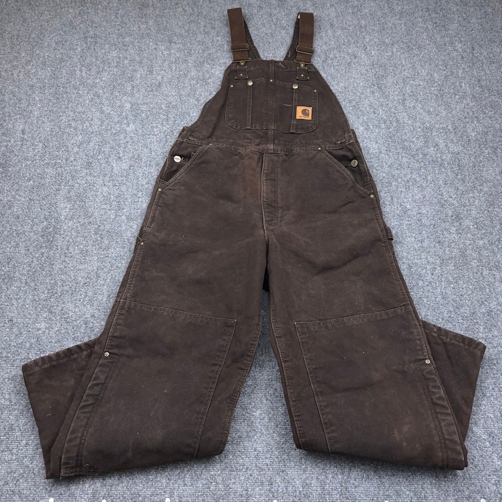 Carhartt R27 DKB Duck Bib Overall Men's 34x30 Double Knee Quilt Lined Distressed